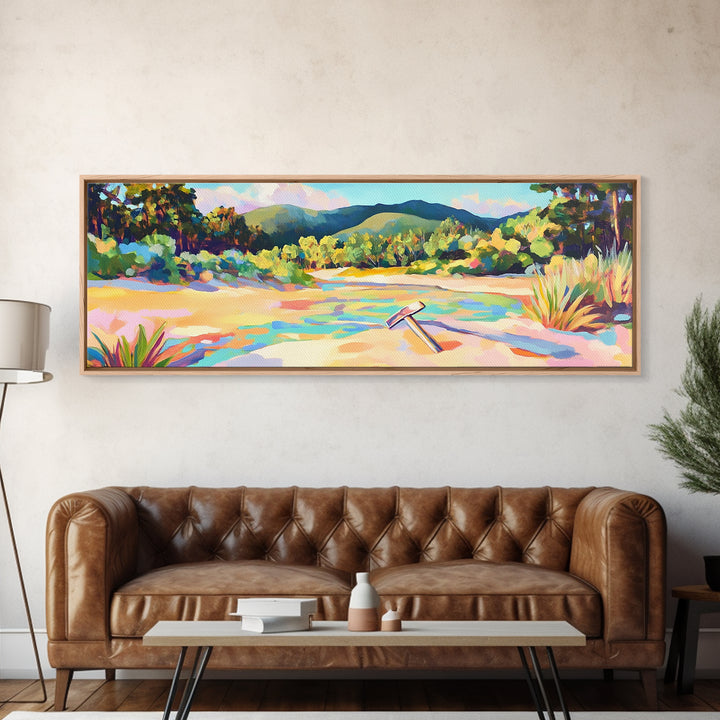 Colorful Sandy River Beach Framed Canvas Print, Coastal Wall Art, Mountain Landscape Art, Summer Decor, Housewarming Gift