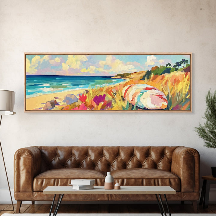 Sunny Coastal Beach With Seashell And Wildflowers Wall Art, Ocean Landscape Canvas Print, Beach House Decor, Summer Vibes