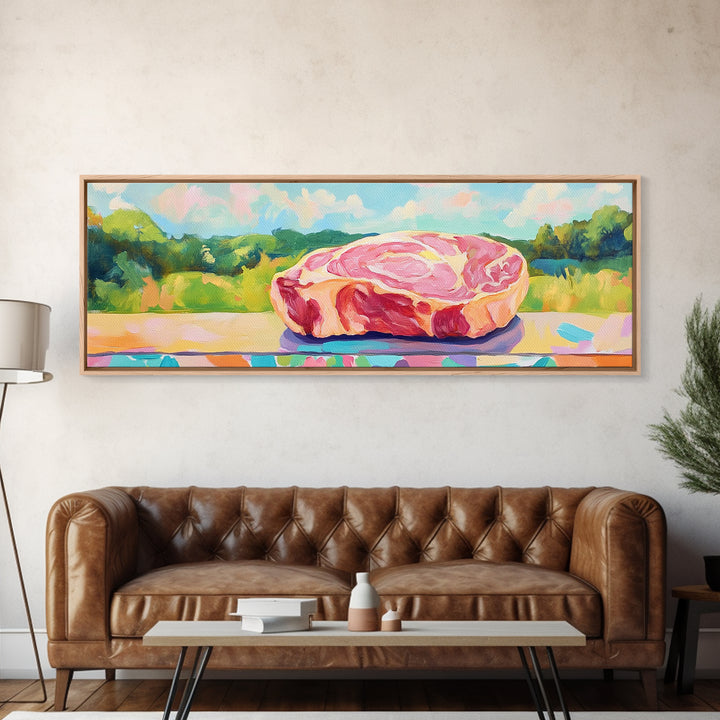 Pastel Steak Still Life In Green Meadow Wall Art, Quirky Kitchen Canvas Print, Colorful Food Decor, Dining Room Art Gift