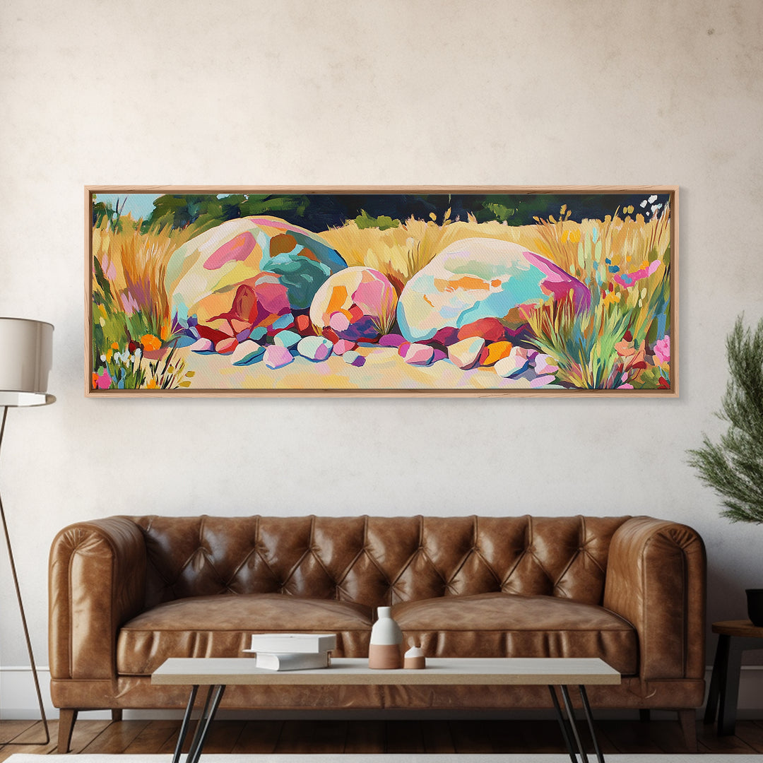 Sunlit Painted Boulders In Golden Meadow Wall Art, Modern Landscape, Nature Wall Decor, Rustic Home Decor, Canvas Print, Housewarming Gift