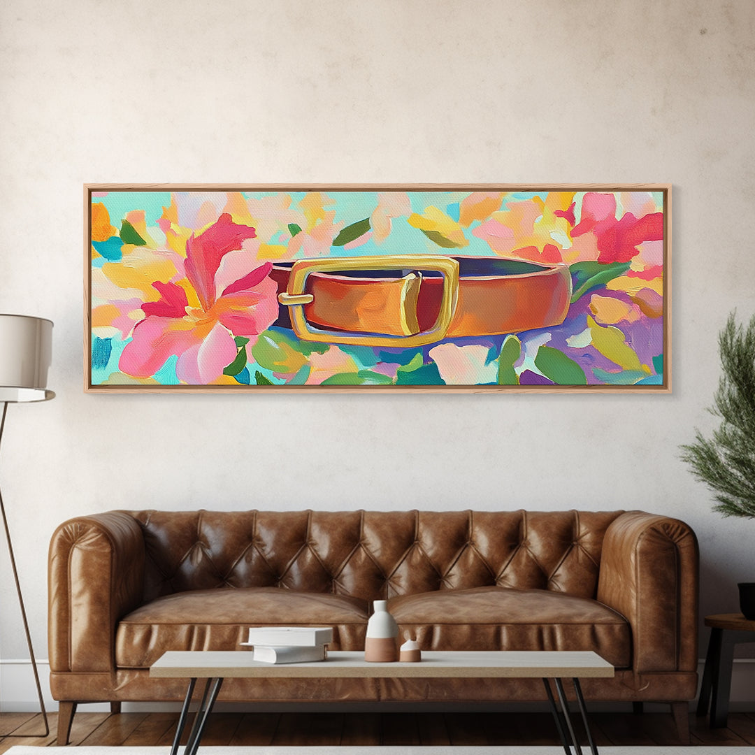 Leather Belt With Gold Buckle And Pink Flowers Wall Art, Feminine Wall Decor, Western Decor, Floral Canvas Print, Gift For Her
