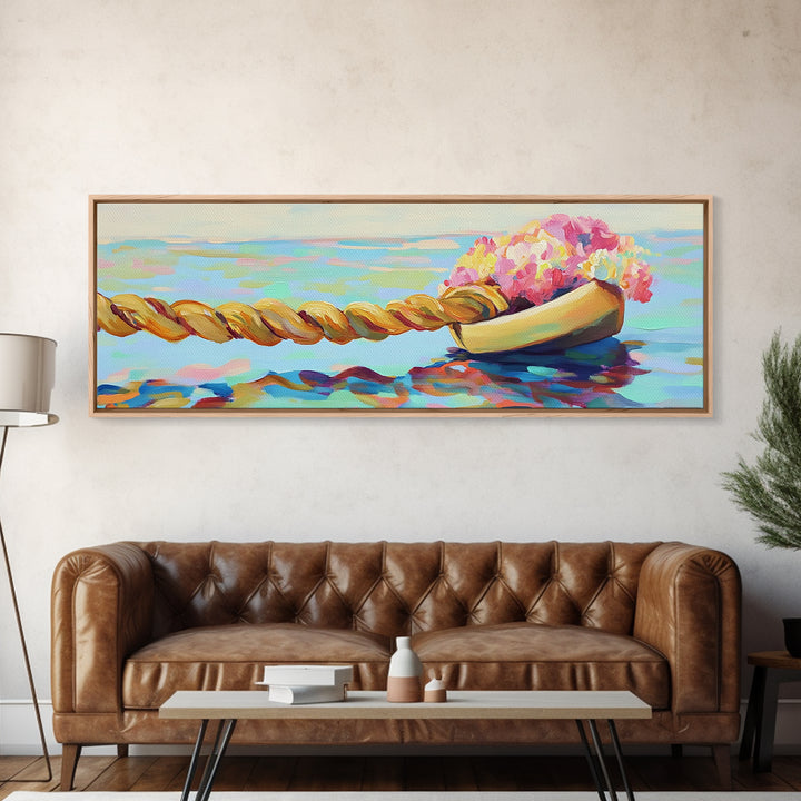 Wooden Boat With Pink Flowers And Rope On Water Canvas Print, Coastal Wall Art, Nautical Decor, Beach House Decor, Gift For Her