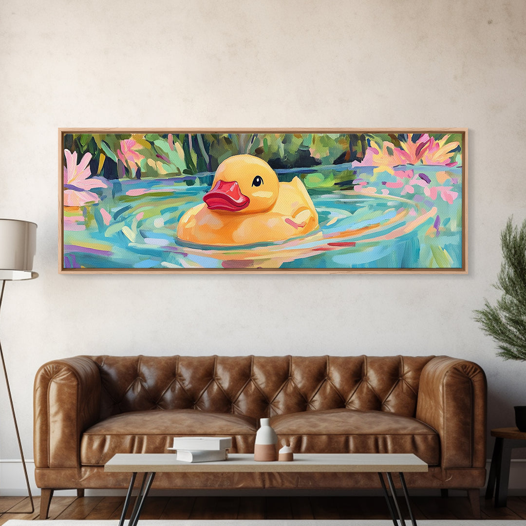Cheerful Rubber Duck Floating In Lily Pond Wall Art, Kids Bathroom Decor, Whimsical Animal Art, Canvas Print Gift For Kids