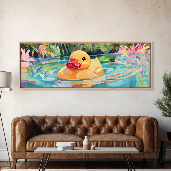 Cheerful Rubber Duck Floating In Lily Pond Wall Art, Kids Bathroom Decor, Whimsical Animal Art, Canvas Print Gift For Kids