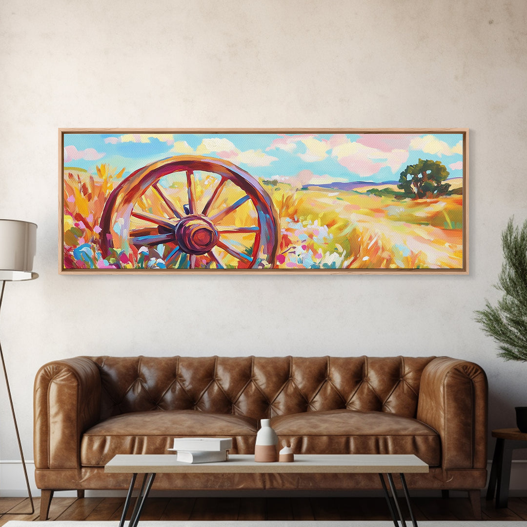 Rustic Wagon Wheel In Wildflower Field Framed Canvas Print, Farmhouse Wall Art, Country Landscape Decor, Gift For Him Home Decor