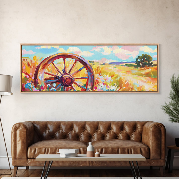 Rustic Wagon Wheel In Wildflower Field Framed Canvas Print, Farmhouse Wall Art, Country Landscape Decor, Gift For Him Home Decor