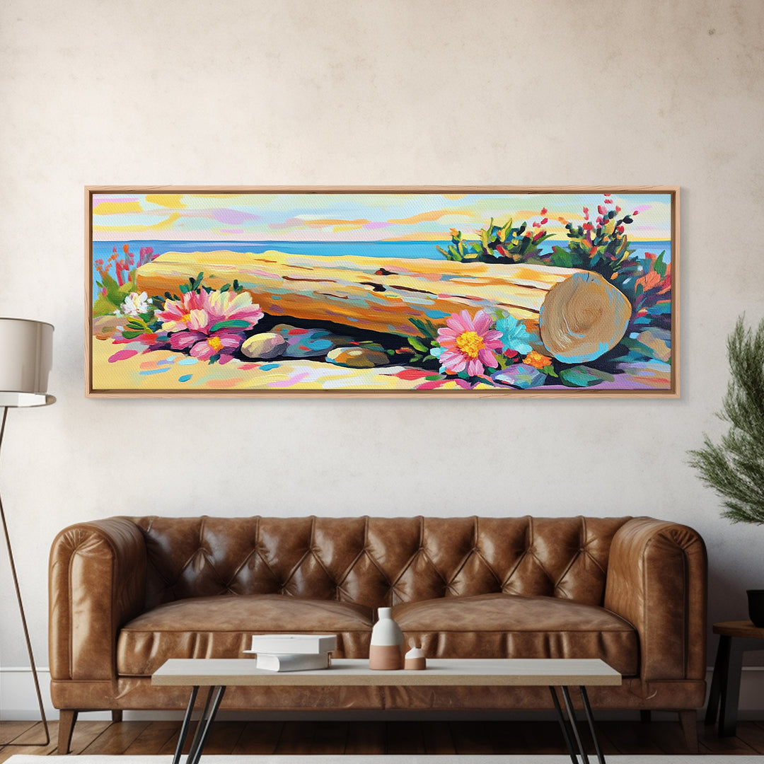 Beach Hat And Flowers On Sandy Shore Canvas Print, Coastal Wall Art, Beach House Decor, Summer Seascape, Nautical Gift Art