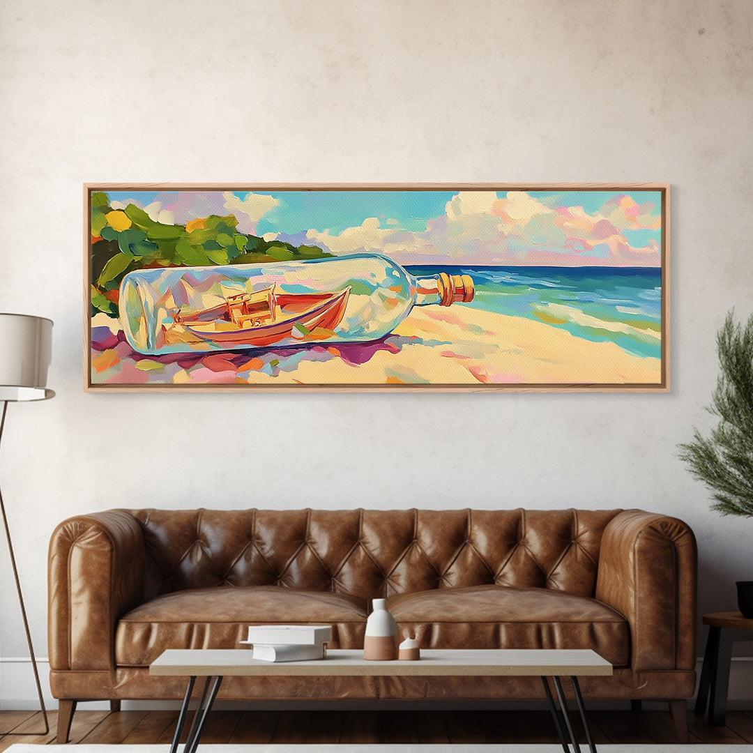 Boat In A Bottle On Sunny Beach Wall Art, Coastal Canvas Print, Ocean Wall Decor, Nautical Decor, Beach House Decor, Seascape Art