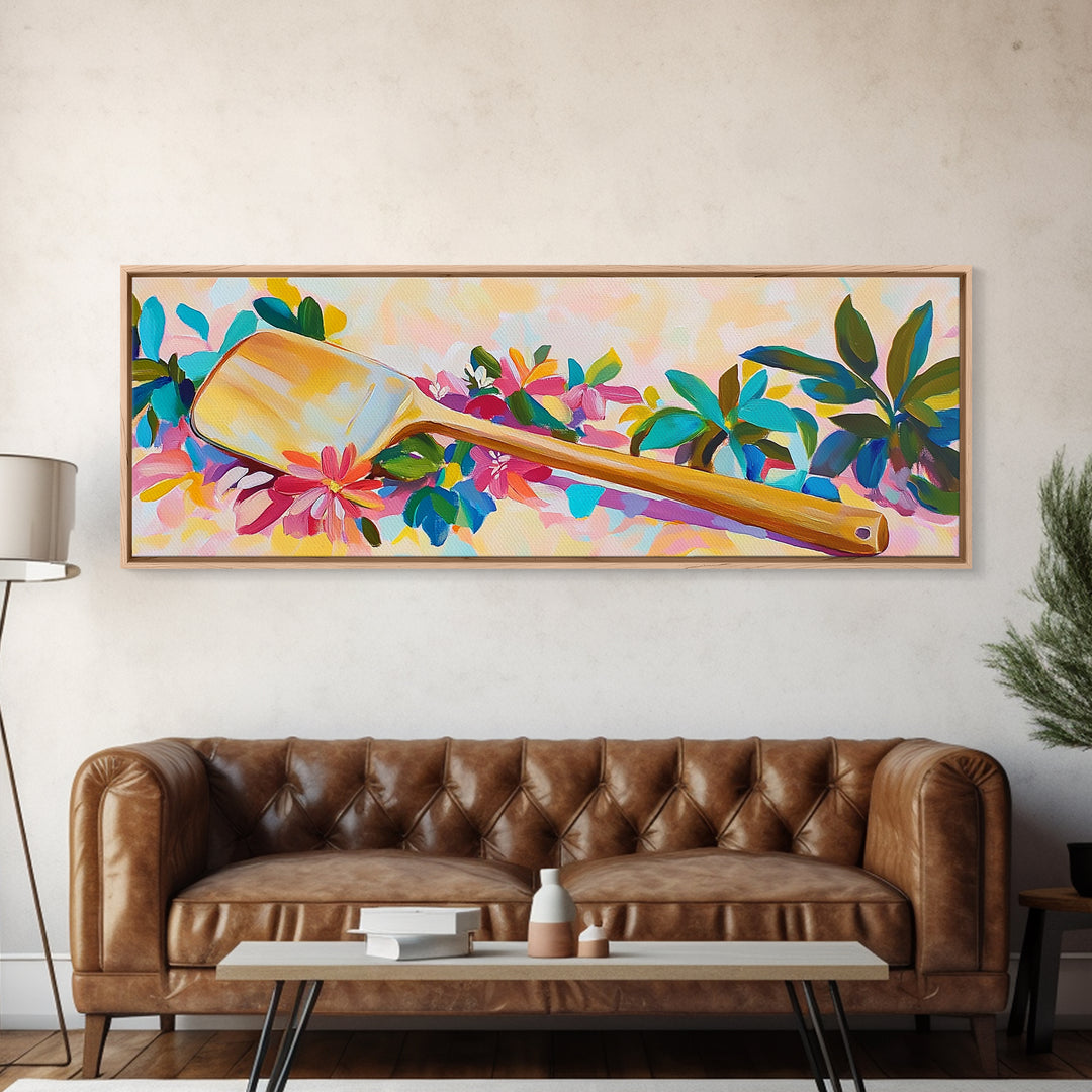 Wooden Paddle With Tropical Flowers Wall Art, Coastal Canvas Print, Beach House Decor, Nautical Wall Art, Tropical Decor