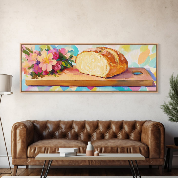 Crusty Bread Loaf And Flowers Canvas Print, Cozy Kitchen Wall Art, Bakery Decor, Food Still Life Art Print, Housewarming Gift