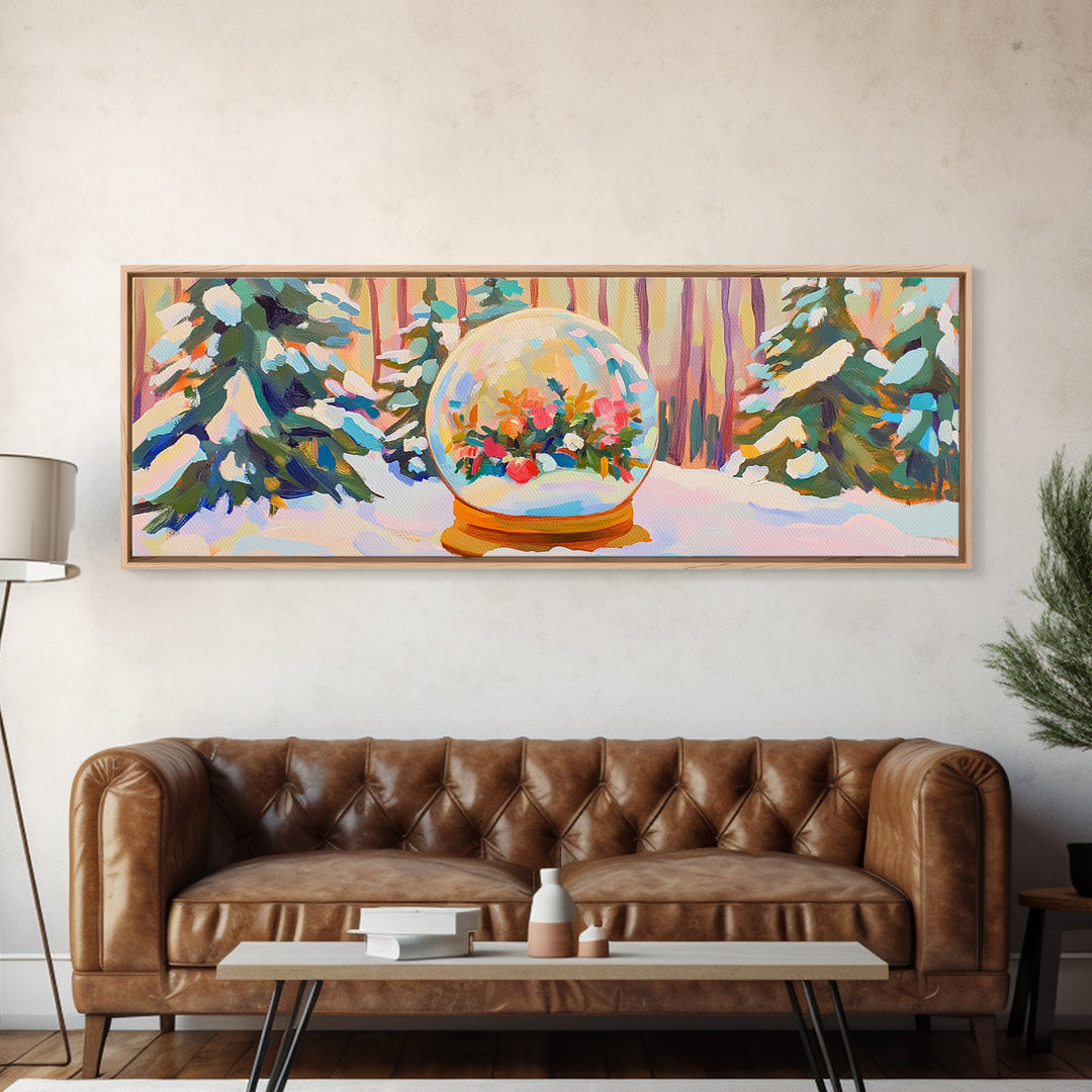 Winter Forest Snow Globe With Flowers Framed Canvas Print, Cozy Christmas Wall Art For Cabin Decor And Seasonal Home Decor