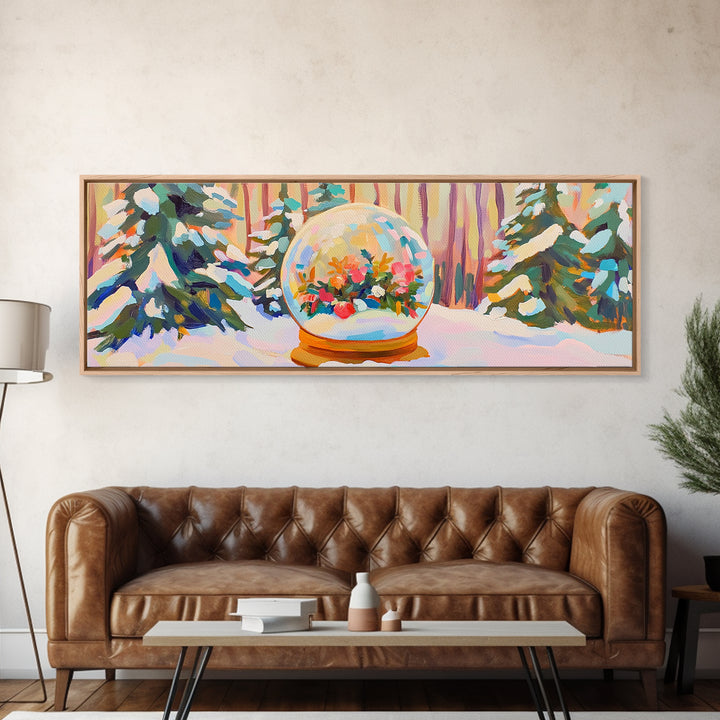 Winter Forest Snow Globe With Flowers Framed Canvas Print, Cozy Christmas Wall Art For Cabin Decor And Seasonal Home Decor