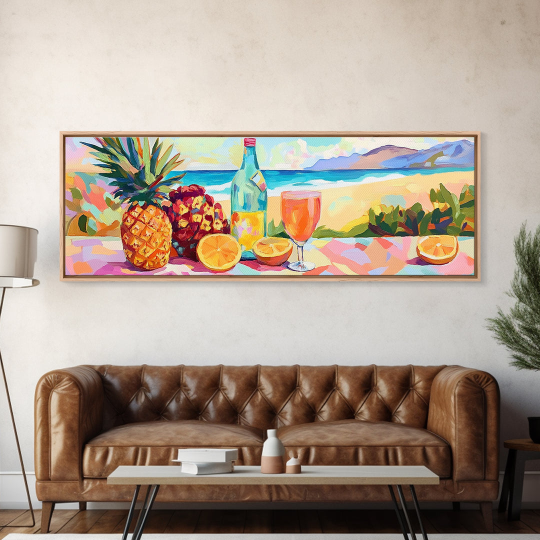 Vibrant Pineapple Citrus Beach Still Life Canvas Print, Tropical Kitchen Wall Art, Coastal Decor, Summer Bar Art Gift For Home Decor