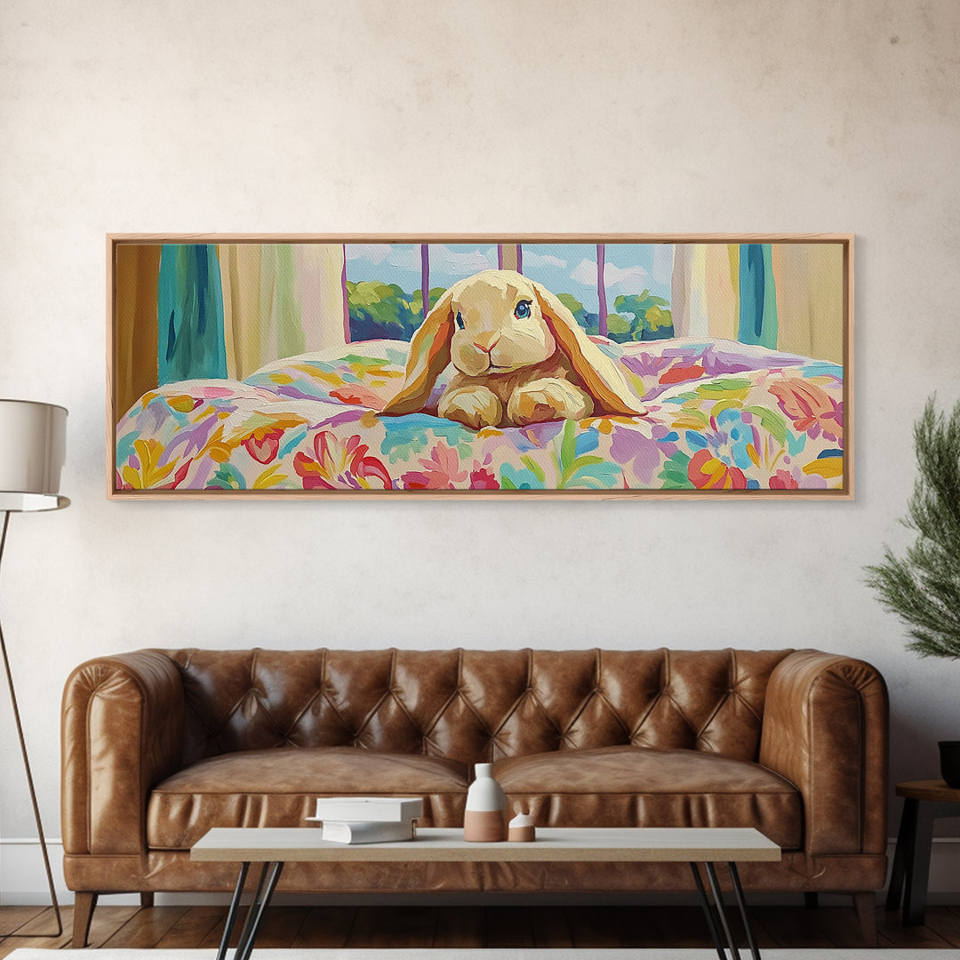 Sweet Bunny On Floral Bed Framed Canvas Print, Nursery Wall Art, Whimsical Kids Room Decor, Cute Animal Baby Shower Gift For Her