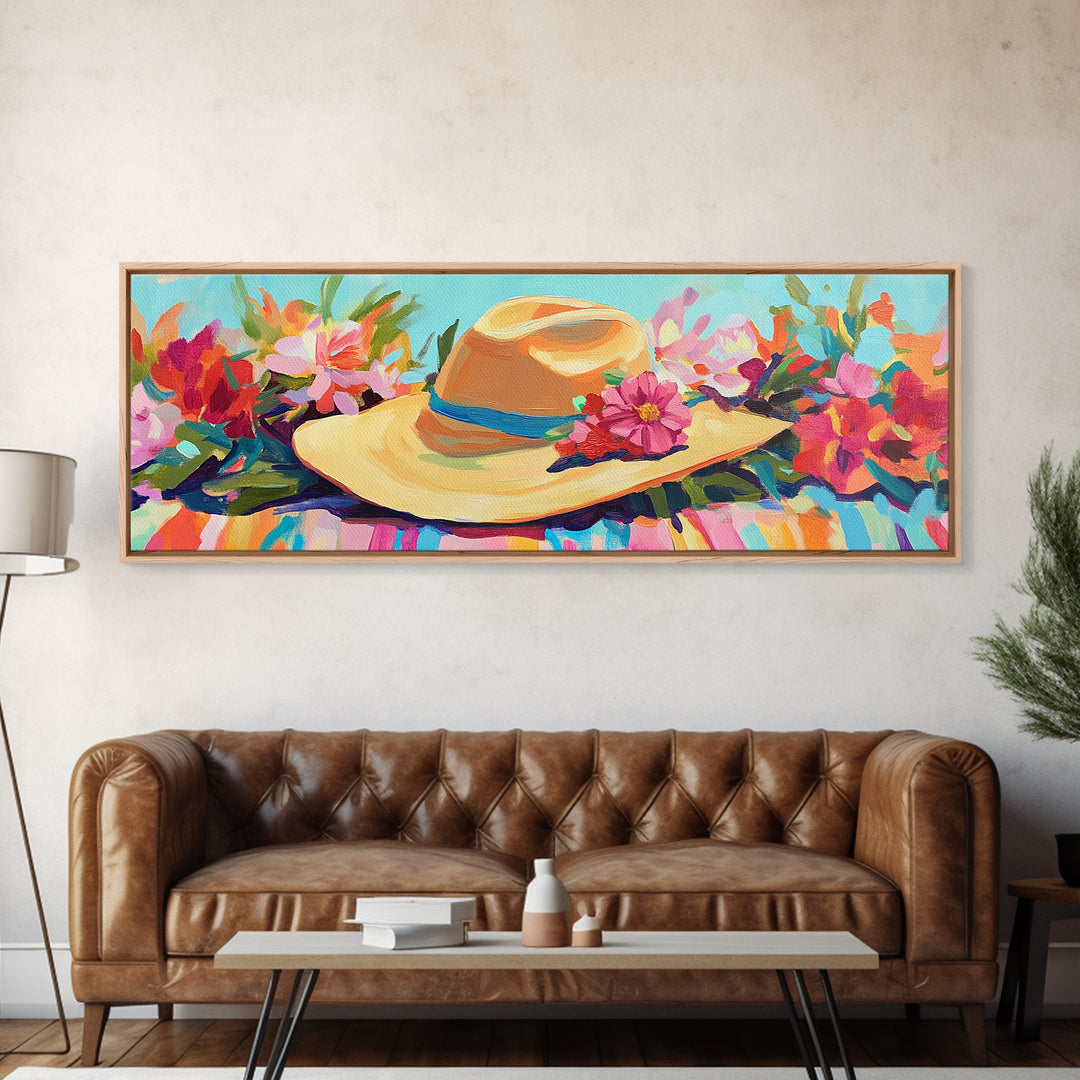 Straw Sun Hat With Tropical Flowers Canvas Print, Beach Wall Art, Coastal Cowgirl Decor, Summer Fashion Gift For Her Home Decor