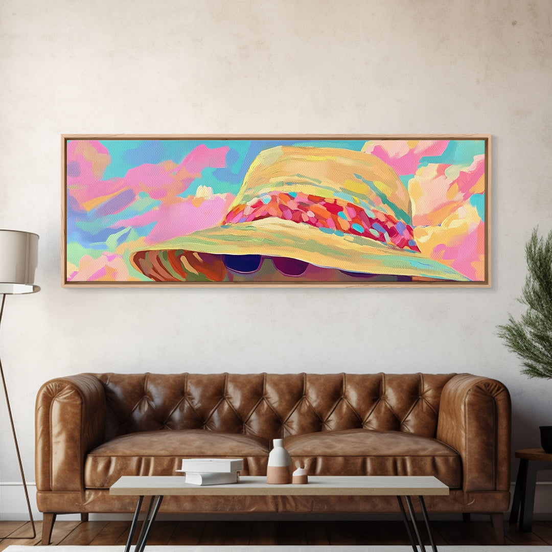 Wide Brim Beach Hat And Sunglasses Canvas Print, Coastal Wall Art, Summer Fashion Decor, Pink Preppy Bedroom Gift For Her
