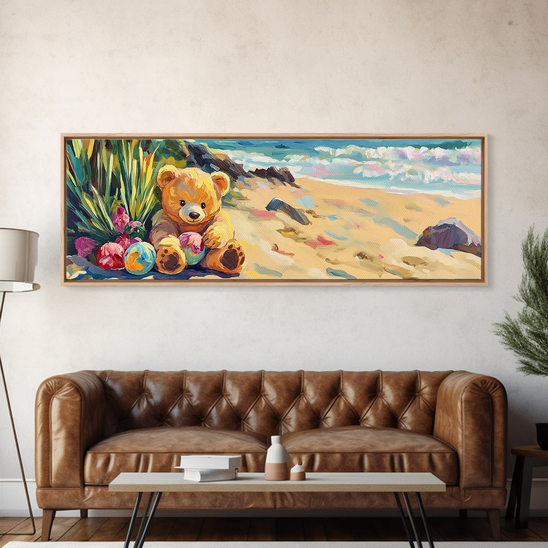 Teddy Bear On Sunny Beach Canvas Print, Coastal Nursery Wall Art, Kids Room Decor, Beach House Decor, Whimsical Baby Gift