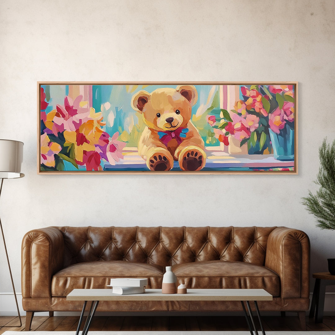 Sweet Teddy Bear By Flower Window Framed Canvas Print, Nursery Wall Art, Kids Room Decor, Whimsical Baby Girl Nursery Gift
