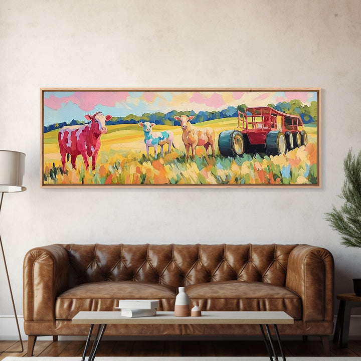 Cows And Sheep Beside Red Farm Wagon Canvas Print, Rustic Farmhouse Wall Art, Country Landscape, Nursery Animal Decor, Baby Shower Gift
