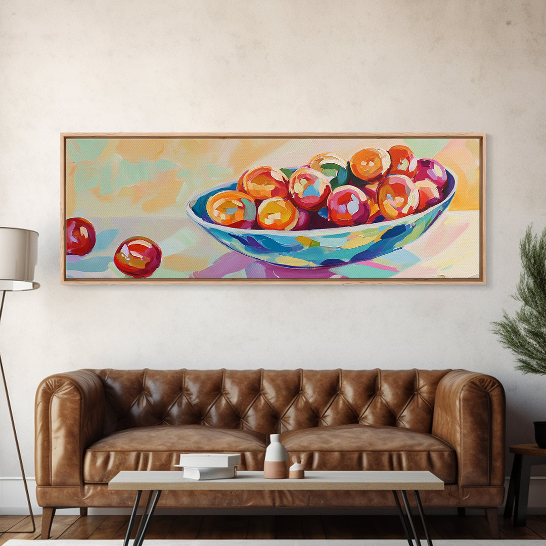 Glossy Cherries In Blue Bowl Canvas Print, Colorful Kitchen Wall Art, Fruit Still Life Painting, Dining Room Decor Gift Idea