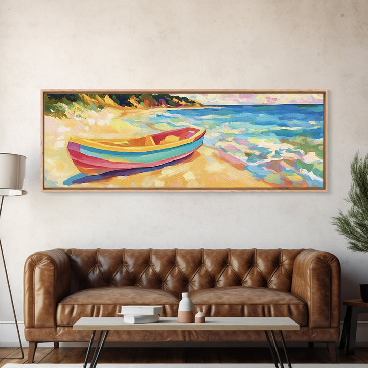 Striped Rowboat Beside Turquoise Waves Wall Art, Coastal Canvas Print, Seascape Painting, Beach House Decor, Ocean Wall Art
