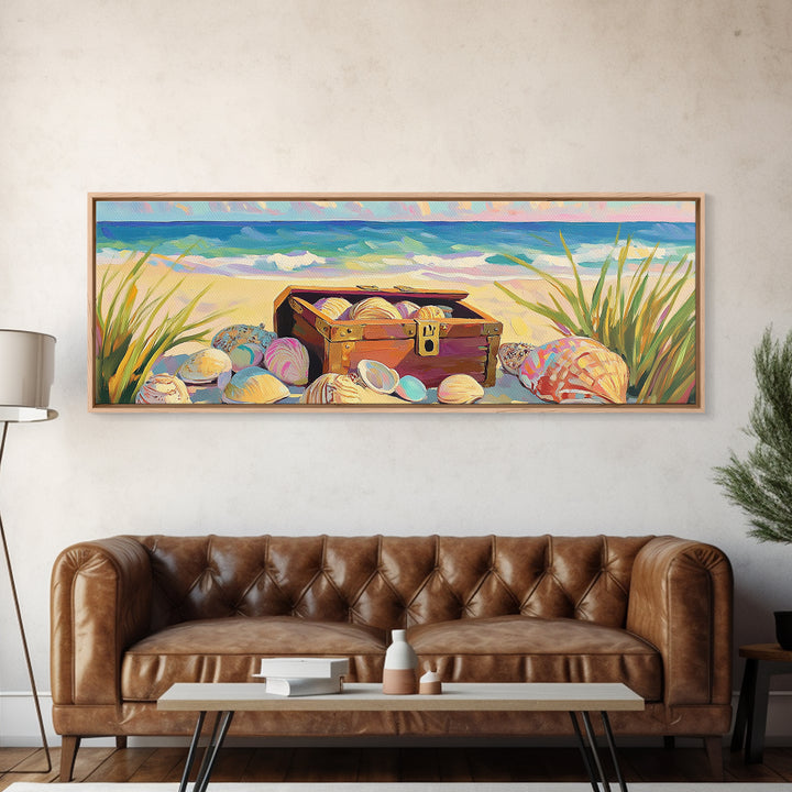 Beach Treasure Chest With Seashells Wall Art, Coastal Canvas Print, Ocean Decor, Beach House Decor, Summer Seascape Gift