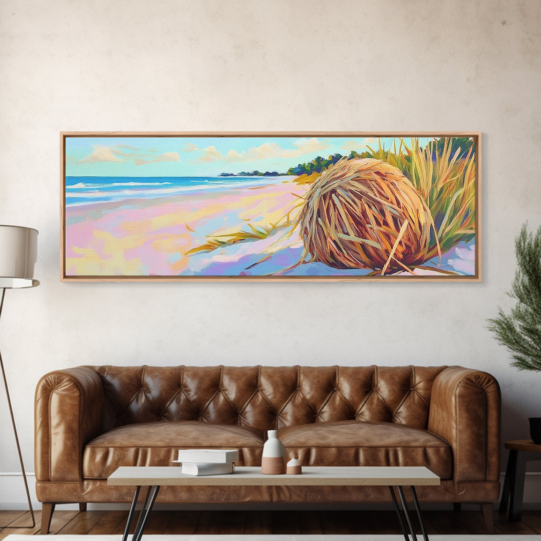 Pastel Beach Driftwood Grass Wall Art, Coastal Canvas Print, Ocean Landscape, Beach House Decor, Calming Seascape Home Gift