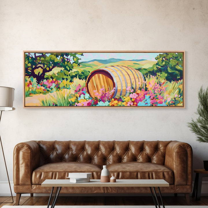 Wine Barrel In Wildflower Vineyard Wall Art, Framed Canvas Print, Winery Decor, Rustic Landscape Art, Housewarming Gift For Her