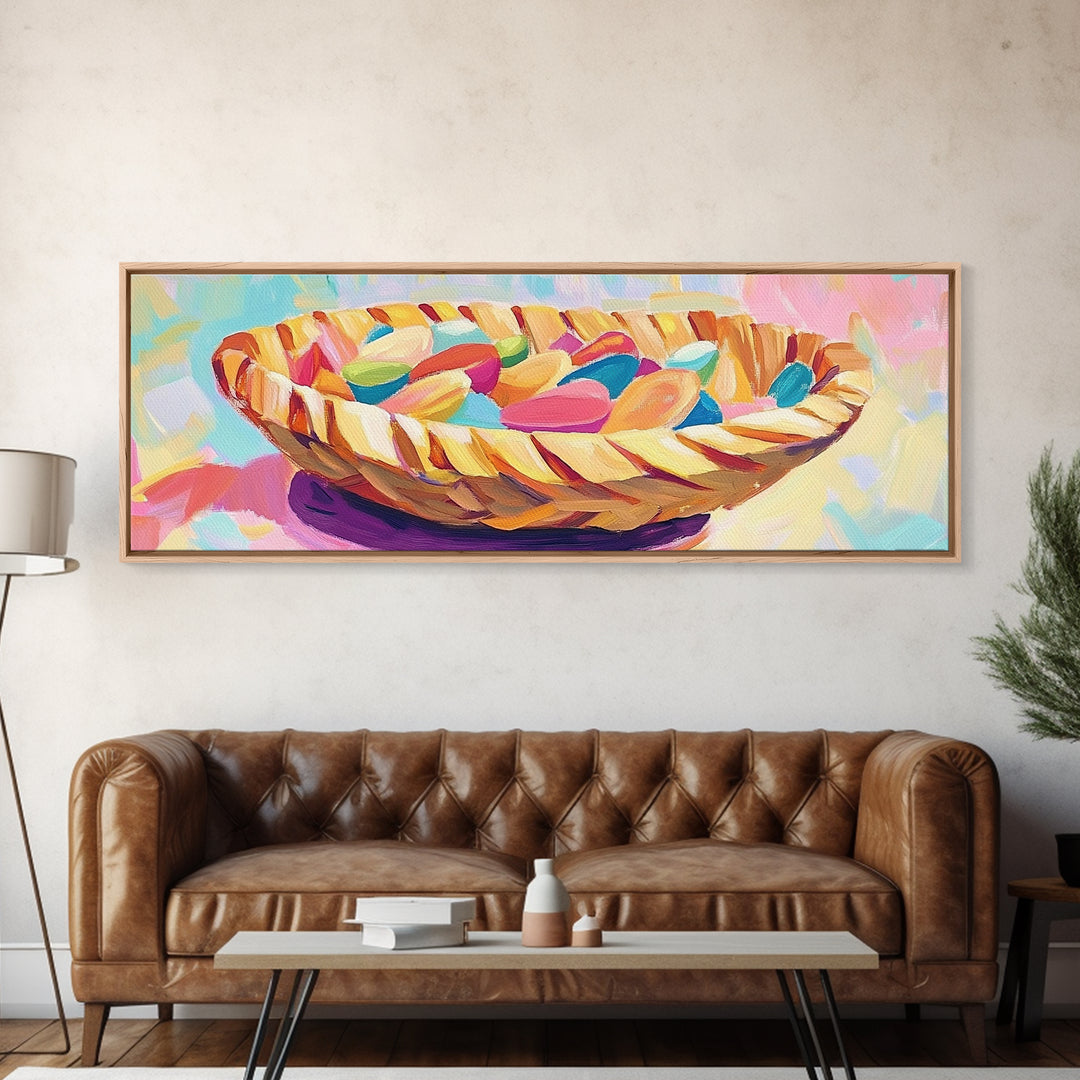 Woven Basket Of Colorful Candy Canvas Print, Whimsical Kitchen Wall Art, Dopamine Decor, Playful Dining Room Art Print Gift