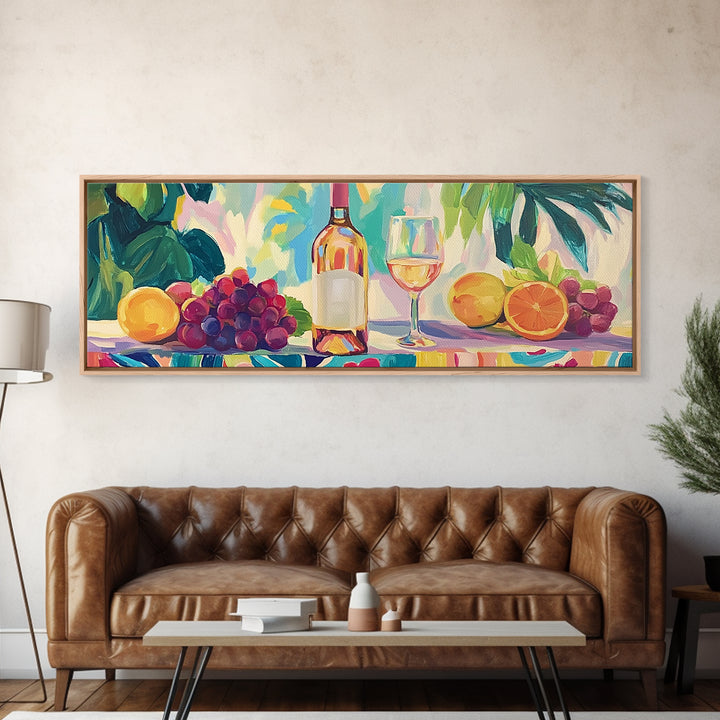 Wine Bottle With Citrus And Grapes Canvas Print, Colorful Kitchen Wall Art, Coastal Dining Room Decor, Wine Lover Gift Idea