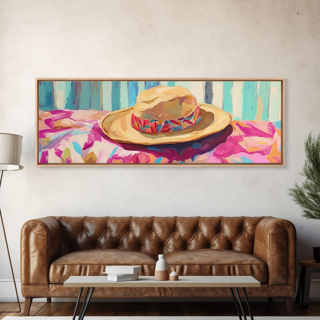 Straw Hat On Floral Beach Towel Canvas Print, Coastal Wall Art, Summer Patio Decor, Beach House Gift For Her, Tropical Home Decor