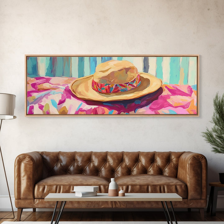 Straw Hat On Floral Beach Towel Canvas Print, Coastal Wall Art, Summer Patio Decor, Beach House Gift For Her, Tropical Home Decor