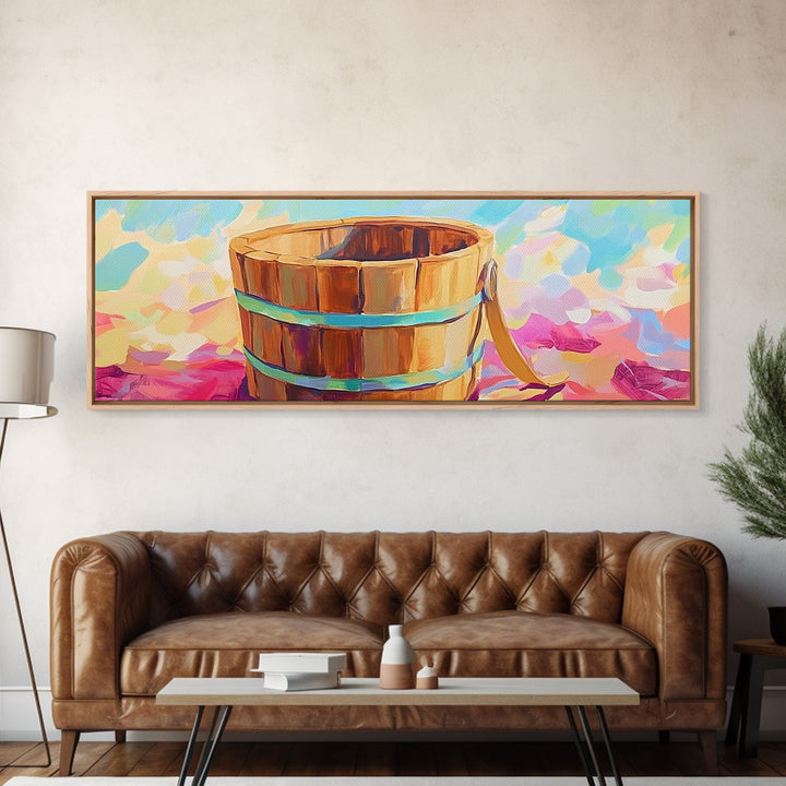 Wooden Beach Bucket On Pink Towel Canvas Print, Coastal Wall Art, Summer Bathroom Decor, Beach House Wall Decor Gift Idea