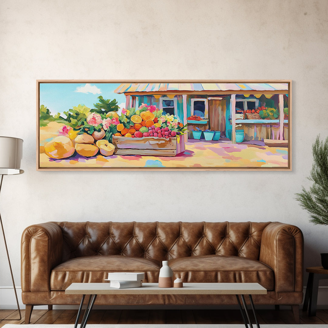 Fruit Stand With Flowers And Citrus Canvas Print, Farmhouse Kitchen Wall Art, Country Home Decor, Farmers Market Gift Idea