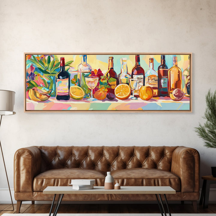 Colorful Wine Bottles And Citrus Still Life Canvas Print, Kitchen Wall Art, Dining Room Decor, Bar Cart Art, Wine Lover Gift