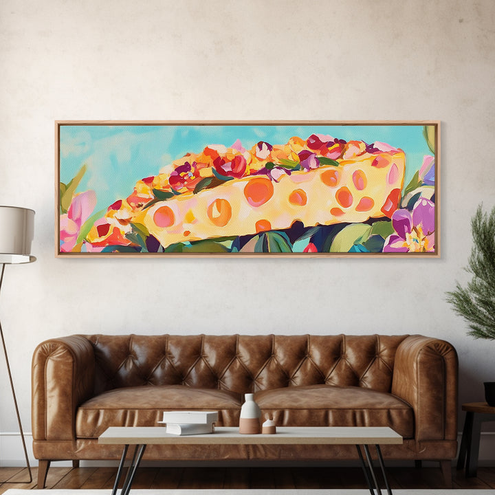 Whimsical Cheese Wedge Still Life Canvas Print, Kitchen Wall Art, Dining Room Decor, Foodie Gift, Colorful Kitchen Art Print