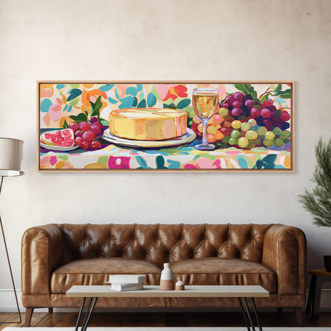 Cheese Wheel With Wine And Grapes Framed Canvas Print, Kitchen Wall Art, Dining Room Decor, Winery Decor, Housewarming Gift