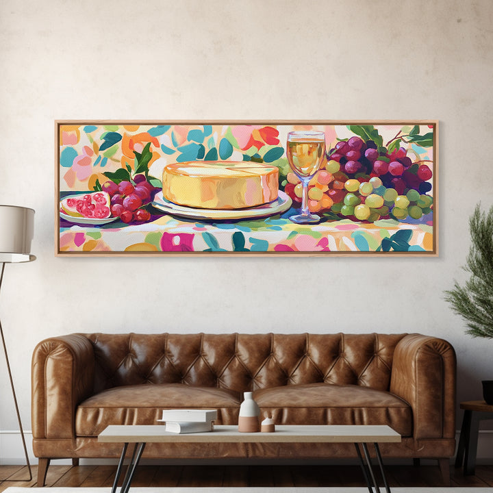 Cheese Wheel With Wine And Grapes Framed Canvas Print, Kitchen Wall Art, Dining Room Decor, Winery Decor, Housewarming Gift
