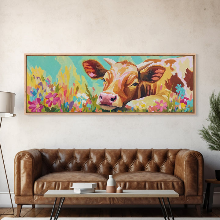 Sweet Calf In Wildflowers Canvas Print, Farm Animal Wall Art, Rustic Farmhouse Decor, Nursery Animal Art, Gift For Her, Kids Room Decor