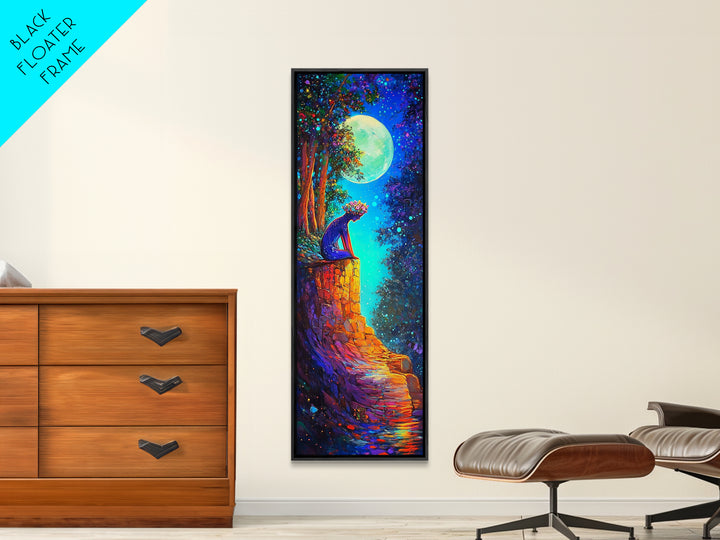 Moonlit Black Cat On Stone Wall Canvas Print, Whimsical Fantasy Wall Art, Celestial Decor, Cat Lover Gift, Nursery Art Print