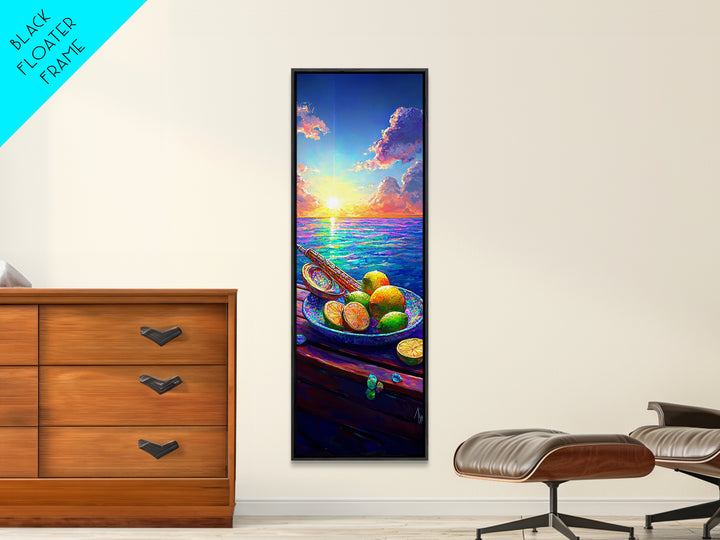 Ocean Sunset With Limes And Oar Framed Canvas Print, Coastal Kitchen Wall Art, Beach House Decor, Vibrant Seascape Art Print