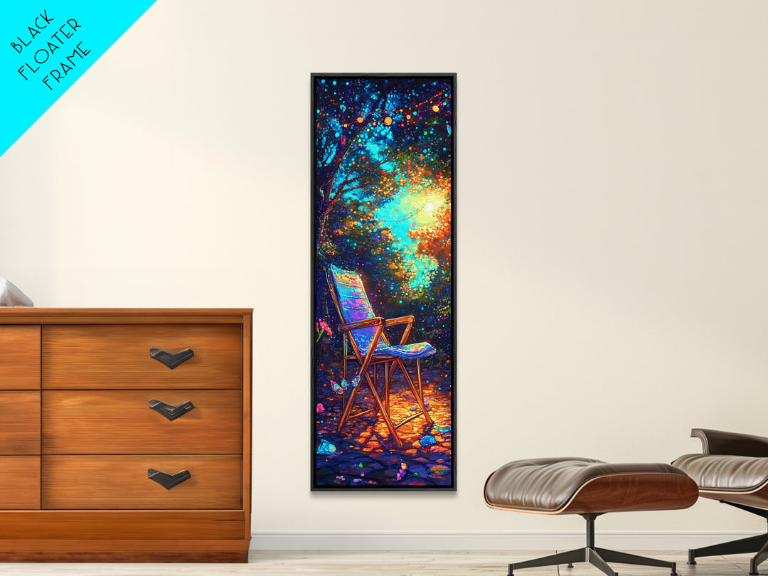 Empty Chair In Glowing Forest Wall Art, Magical Nature Canvas Print, Whimsical Garden Decor, Cozy Outdoor Patio Art Print