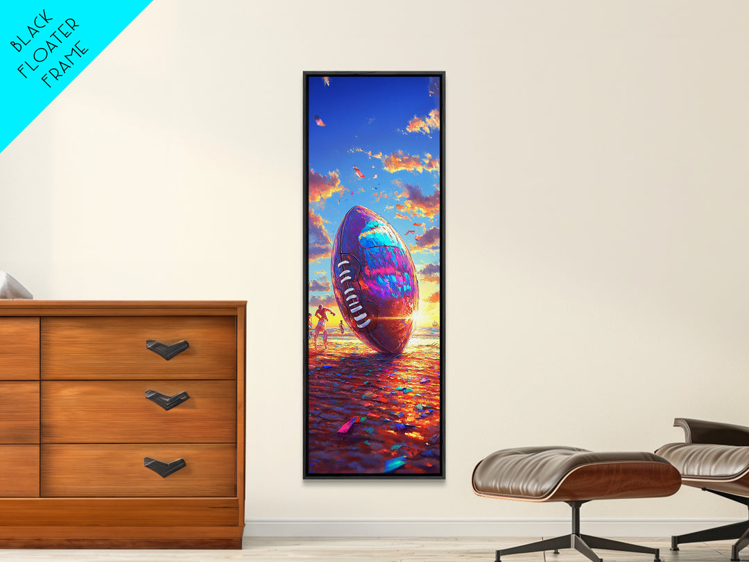 Giant Football At Sunset Beach Canvas Print, Sports Wall Art, Boys Room Decor, Game Room Art, Gift For Him, Sports Gift For Dad