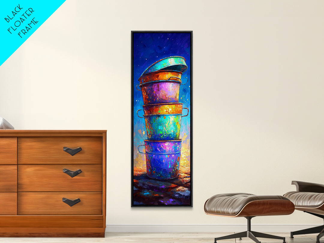 Stacked Rainbow Metal Buckets Framed Canvas Print, Rustic Farmhouse Wall Art, Colorful Laundry Room Decor, Unique Art Gift