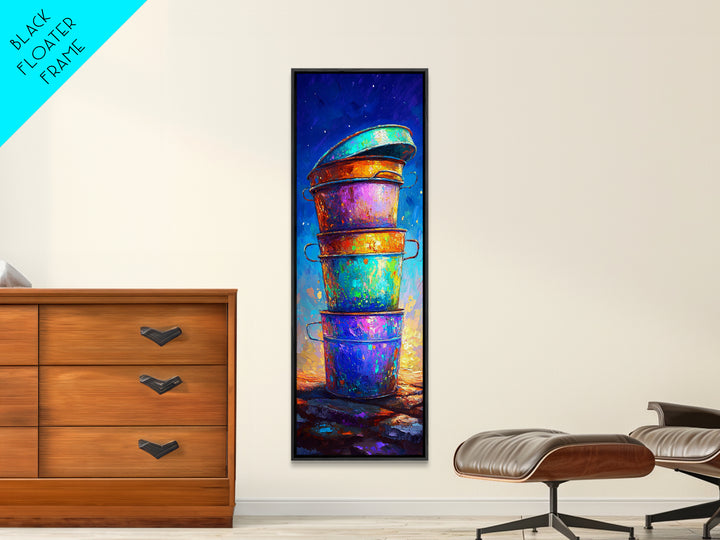 Stacked Rainbow Metal Buckets Framed Canvas Print, Rustic Farmhouse Wall Art, Colorful Laundry Room Decor, Unique Art Gift