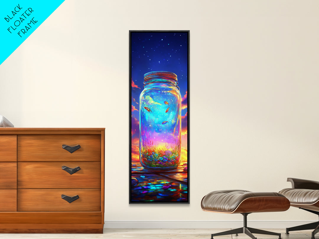 Glowing Mason Jar With Tiny Fish At Sunset Canvas Print, Magical Celestial Wall Art, Colorful Nature Decor, Unique Art Gift