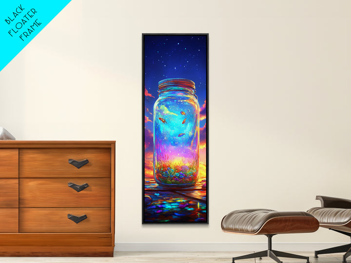 Glowing Mason Jar With Tiny Fish At Sunset Canvas Print, Magical Celestial Wall Art, Colorful Nature Decor, Unique Art Gift