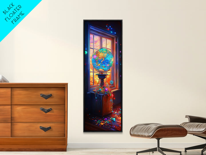 Glowing Jeweled Globe By Window Framed Canvas Print, Colorful Celestial Wall Art, Whimsical Office Decor, Unique Art Gift
