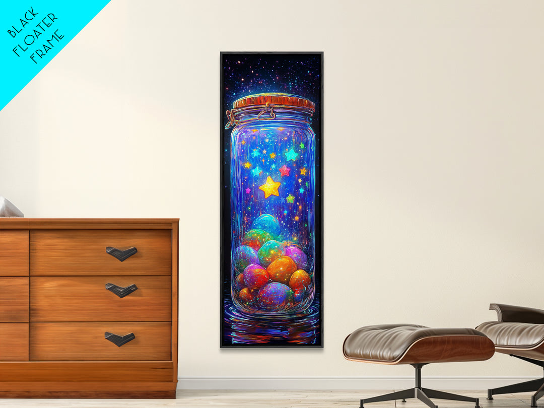 Glowing Star Jar With Tiny Planets Wall Art, Whimsical Celestial Canvas, Colorful Nursery Decor, Space Lover Gift Print Poster