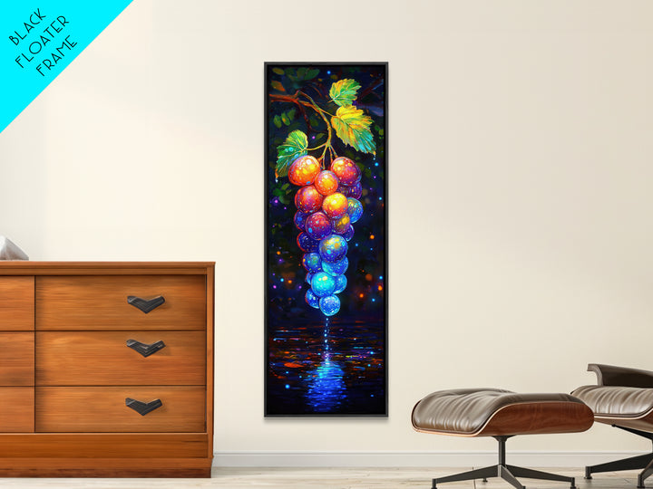 Glowing Grapes Reflecting On Water Framed Canvas Print, Vineyard Wall Art, Colorful Kitchen Decor, Fruit Art Poster Gift